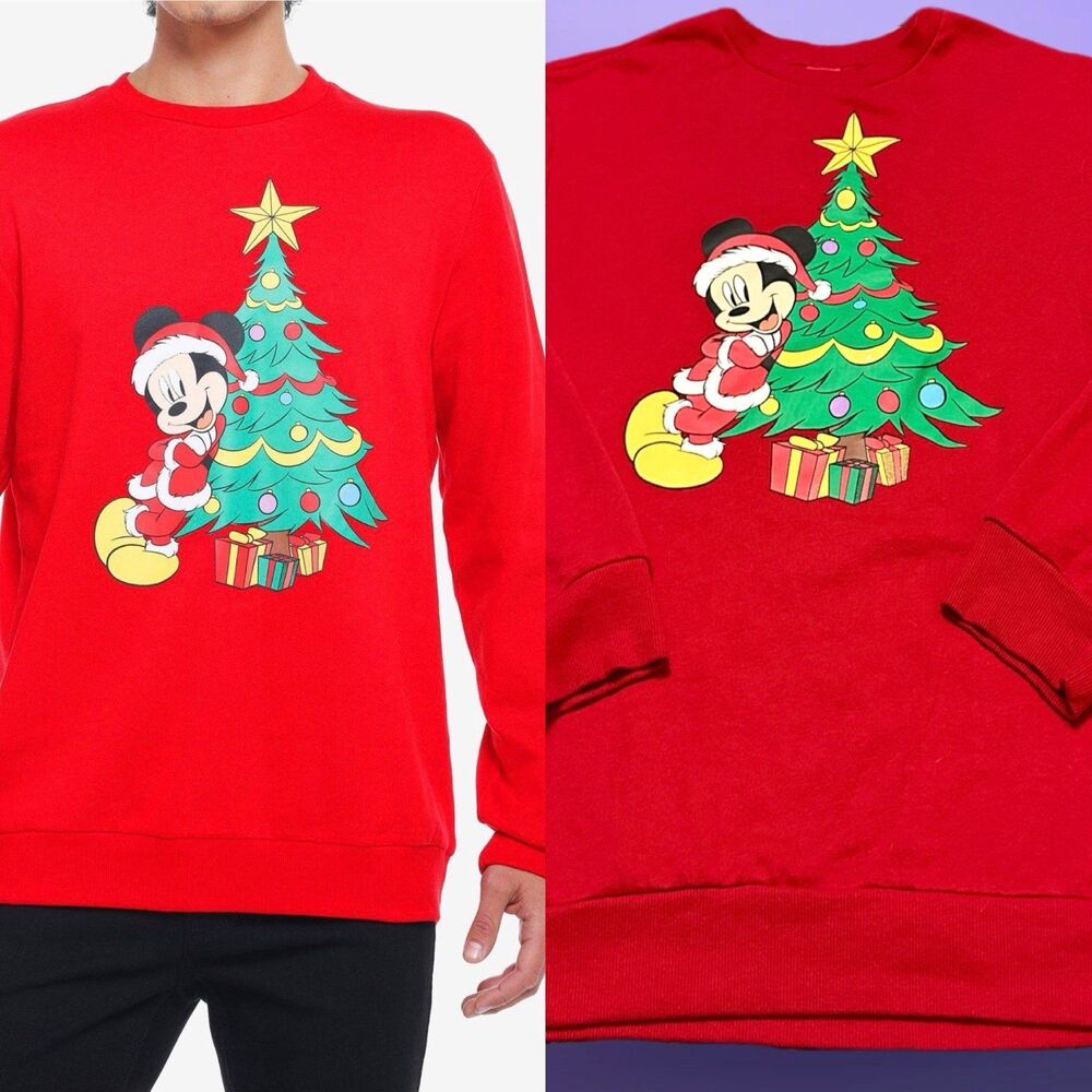 Disney Red Mickey Mouse Christmas Tree Crewneck Sweater L